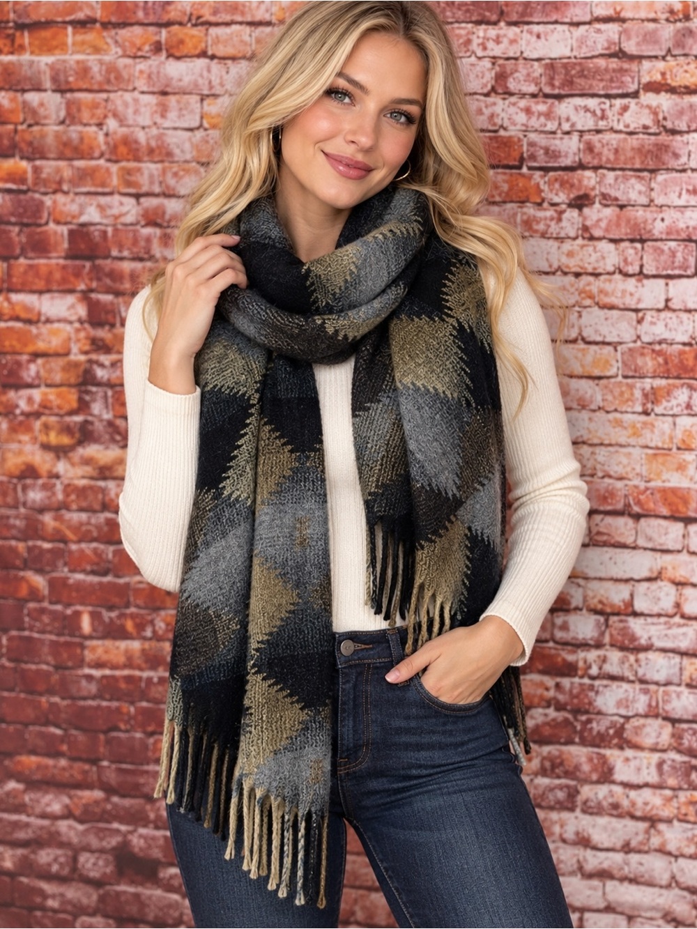Cejon, Black, Brown, and Gray Soft Southwestern Print Winter Scarf